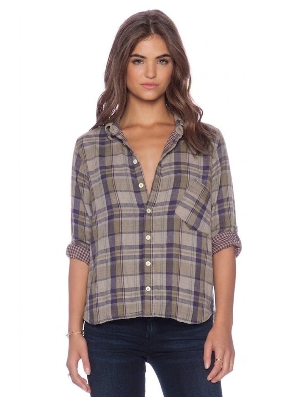 NWT CP Shades Jay in Tan Navy Plaid Cotton Roll-Tab Sleeve Button-up Shirt L